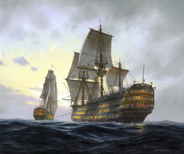 HMS Victory On Tow.  &nbsp;Maritime Art By St Ives Artist Donald MacLeod